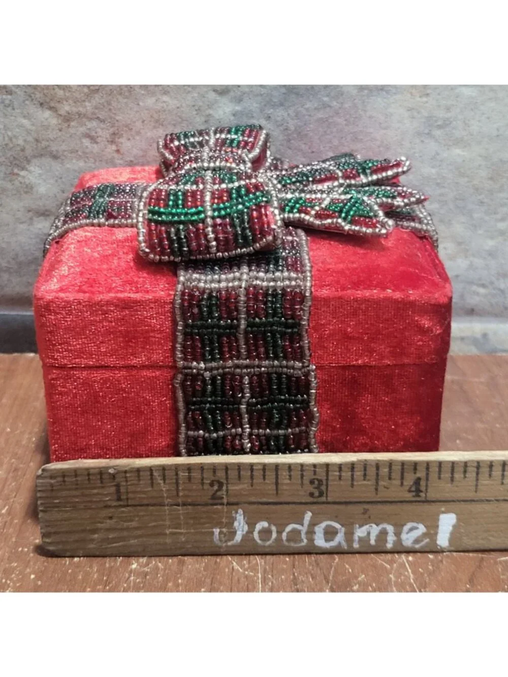 Vintage Red Velvet Christmas Trinket Gift Box Beaded Plaid Ribbon Bow 4